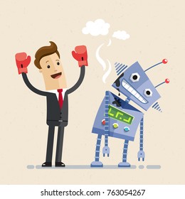 Human employee vs. Artificial Intelligence. Businessman in boxing gloves hits a robot.  Vector flat illustration