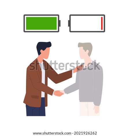 Human energy boost. People with battery indicators. Active and burnout men shaking hands. Full or empty accumulator of vitality. Healthy and exhausted persons. Vector vital power concept