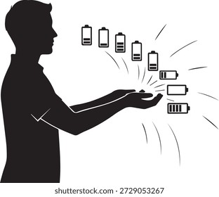 Human Energy Transfer Concept with Battery Charge Icons Silhouette