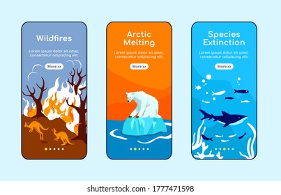 Human environmental destruction onboarding mobile app screen flat vector template. Walkthrough website steps with characters. UX, UI, GUI smartphone cartoon interface, case prints set