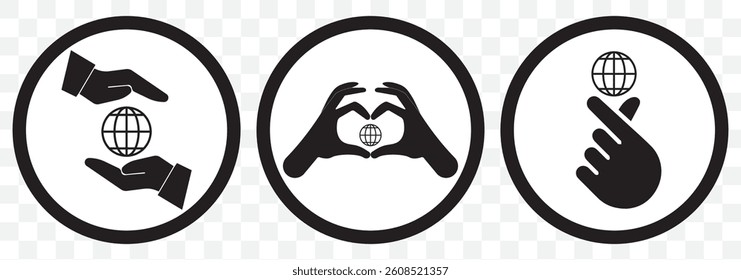 Human Environmental Protection Line Icon. World Environment Conservation Linear Pictogram. Hand Holding Earth Planet Outline Icon. Save Global Nature. Editable Stroke. Isolated Vector Illustration.