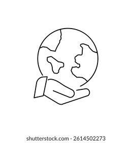 Human Environmental Protection Line Icon. World Environment Conservation Linear Pictogram. Hand Holding Earth Planet Outline Icon. Save Global Nature. Editable Stroke. Isolated Vector Illustration.