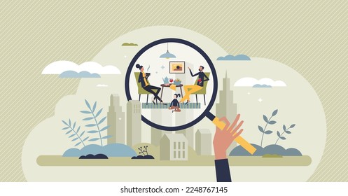 Human environmental science for social interaction study tiny person concept. Individuals and families mutual connection, communication and behavior learning as part of sociology vector illustration.