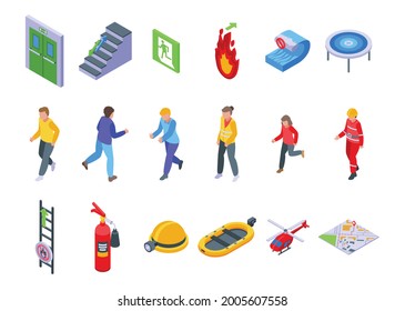 Human evacuation icons set. Isometric set of human evacuation vector icons for web design isolated on white background