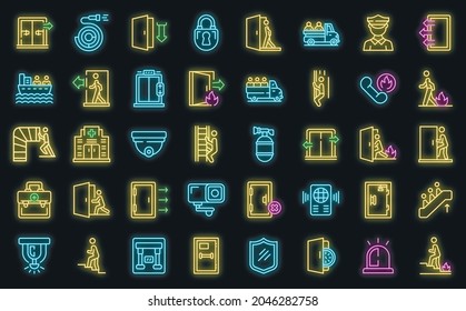 Human evacuation icons set. Outline set of human evacuation vector icons neon color on black