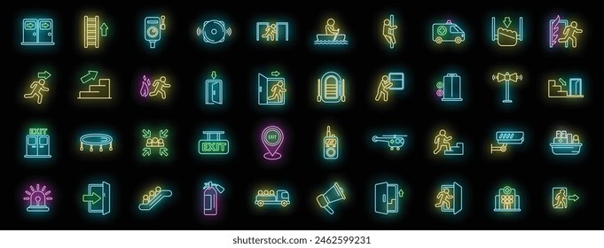 Human evacuation icons set outline vector. Emergency exit. Escape door neon color on black