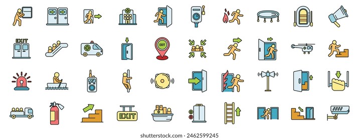 Human evacuation icons set outline vector. Emergency exit. Escape door thin line color flat on white