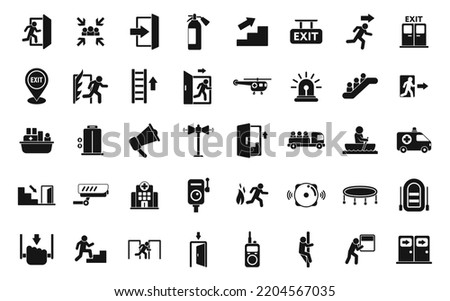 Human evacuation icons set simple vector. Emergency exit. Escape door