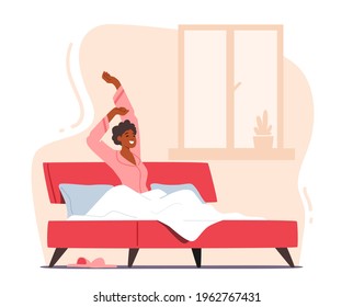 Human Everyday Routine, Lifestyle. Young Woman Wake Up at Morning in Good Mood. Awaken Happy Female Character Stretching Body Sitting on Bed after Getting Up in Bedroom. Cartoon Vector Illustration