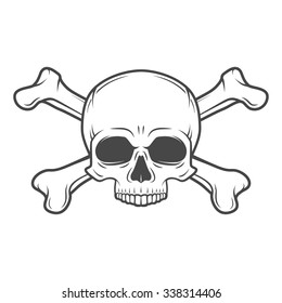 Human evil skull vector. Jolly Roger with crossbones logo template. death t-shirt design. Pirate insignia concept. Poison icon illustration