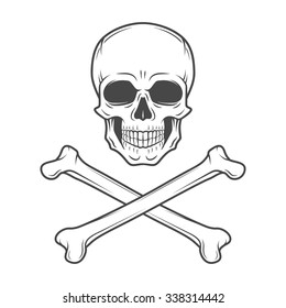 Human evil skull vector. Jolly Roger with crossbones logo template. death t-shirt design. Pirate insignia concept. Poison icon illustration