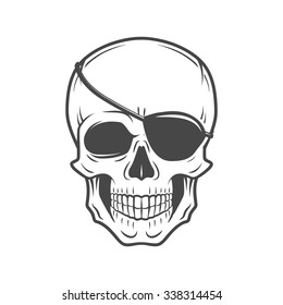 Human evil skull vector. Jolly Roger with eyepatch logo template. death t-shirt design. Pirate insignia concept.