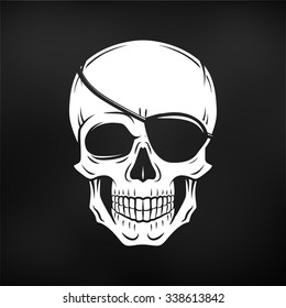 Human evil skull vector. Jolly Roger with eyepatch logo template. death t-shirt design. Pirate insignia concept.