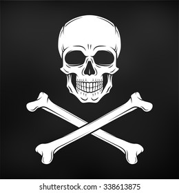 Human evil skull vector. Jolly Roger with crossbones logo template. death t-shirt design. Pirate insignia concept. Poison icon illustration