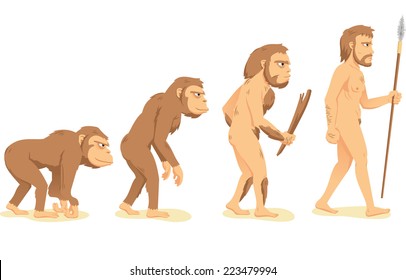 Human Evolution From Ape To Man, Process Of Change Vector Illustration Cartoon.