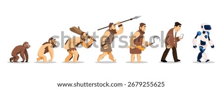 Human evolution cartoon character illustration . Start from prehistoric age, hunter-gatherer age, agricultural age to digital and AI age . Flat design . Isolated white background . Vector .