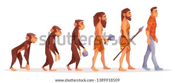 Human evolution cartoon vector concept. Male\
monkey, walking upright primate, prehistoric, stone age hunter with\
primitive tool and weapon, modern man in daily clothing\
illustration isolated on\
white
