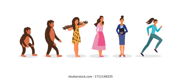 Evolución humana personajes de caricaturas femeninas, desde primate a mujer moderna, ilustración plana vectorial aislada en fondo blanco. La historia de las personas y el progreso de la humanidad.