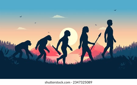 Human evolution illustration - Ancestors evolving from primate to modern human in beautiful landscape scene with morning sunrise in background. Flat design vector