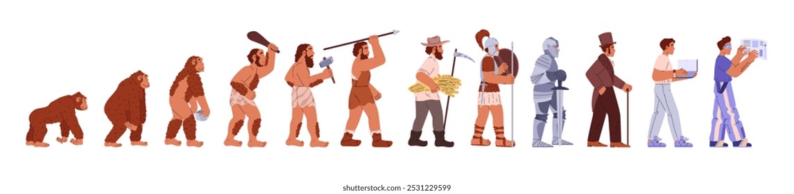 Infográficos da evolução humana. Macaco, homem das cavernas primitivo, idade da pedra masculino, homem das cavernas antigo, medieval, vitoriano, homem de negócios, homem futurista. Antropologia completa e ilustração plana do vetor de desenvolvimento