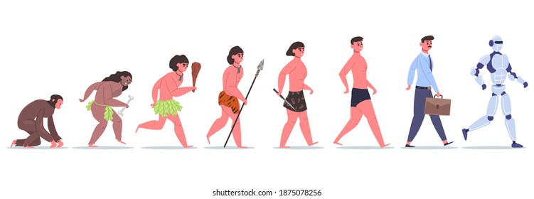 Human evolution. Male character development from monkey to caveman, businessman and AI cyborg. Anthropology evolution vector illustration. Development evolution, primitive prehistoric evolution