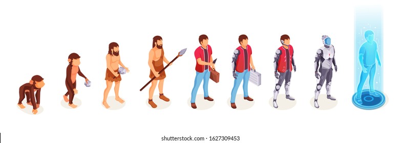 Human evolution of man from ape monkey to digital world technology, life development process vector icons. People evolution from caveman primitives to modern life and to cyborg artificial intelligence