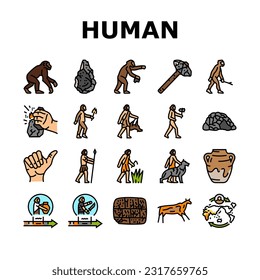 human evolution man caveman icons set vector. monkey evolve, ape darwin, theory computer, history homo, anthropology human evolution man caveman color line illustrations