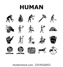 human evolution man caveman icons set vector. monkey evolve, ape darwin, theory computer, history homo, anthropology human evolution man caveman glyph pictogram Illustrations