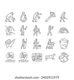 human evolution man caveman icons set vector. monkey evolve, ape darwin, theory computer, history homo, anthropology human evolution man caveman black contour illustrations