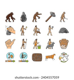 human evolution man caveman icons set vector. monkey evolve, ape darwin, theory computer, history anthropology human evolution man caveman color line illustrations