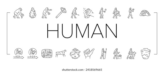 human evolution man caveman icons set vector. monkey evolve, ape darwin, theory computer, history homo, anthropology human evolution man caveman black line illustrations