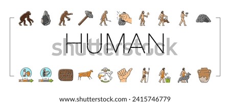 human evolution man caveman icons set vector. monkey evolve, ape darwin, theory computer, history anthropology human evolution man caveman color line illustrations [[stock_photo]] © 