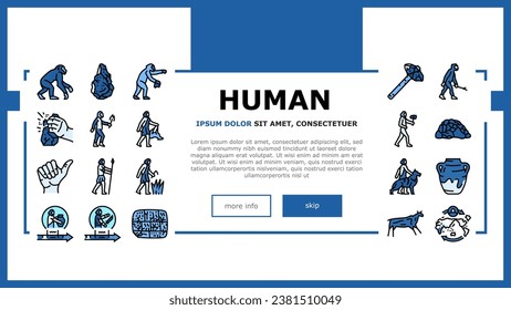 human evolution man caveman landing web page vector. monkey evolve, ape darwin, theory computer, history homo, anthropology human evolution man caveman Illustration