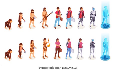 Human evolution of man and woman from ape monkey to office worker and cyborg. People evolution process from caveman primitives to modern life and artificial intelligence technology, vector icons