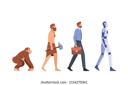 Human Evolution, Mankind Development Concept. Monkey, Businessman, Cyborg. Male Character Evolving From Ancient Ape to Neanderthal, Modern Man and Robot. Cartoon People Vector Illustration