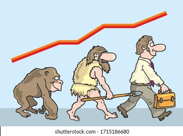 Human evolution: monkey, ancient man with a spear, modern man with a briefcase. Vector illustration in cartoon style.