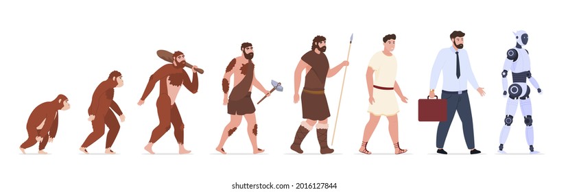 Human evolution from monkey to businessman and robot artificial intelligence vector flat illustration. Collection of development apes and ancestors isolated on white. Historical evolve of primates