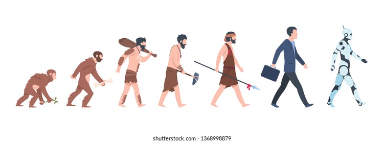 Human evolution. Monkey, caveman to businessman and cyborg cartoon concept, from ancient ape to man growth. Vector mankind primate evolution
