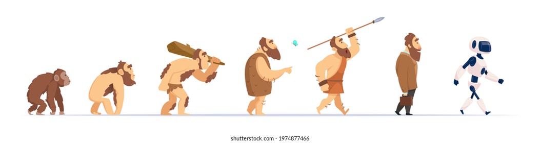 Human evolution. From monkey to cyborg historical concept exact vector revolutionizing characters