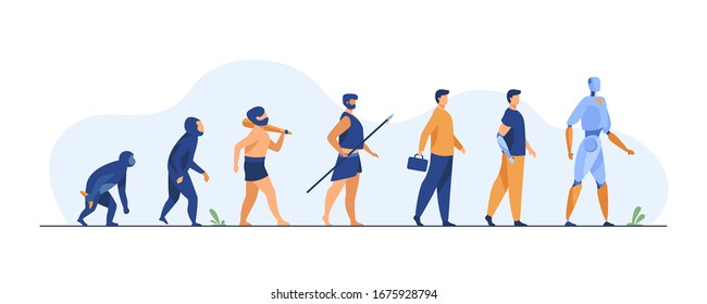 Human evolution from monkey to cyborg. Primate, ancestor, caveman, homo sapience, disabled man with prosthesis, robot. Vector illustration for anthropology, history, development concept