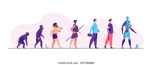 Human evolution from monkey to cyborg. Primate, ancestor, caveman, homo sapience, disabled man with prosthesis, robot. Vector illustration for anthropology, history, development concept