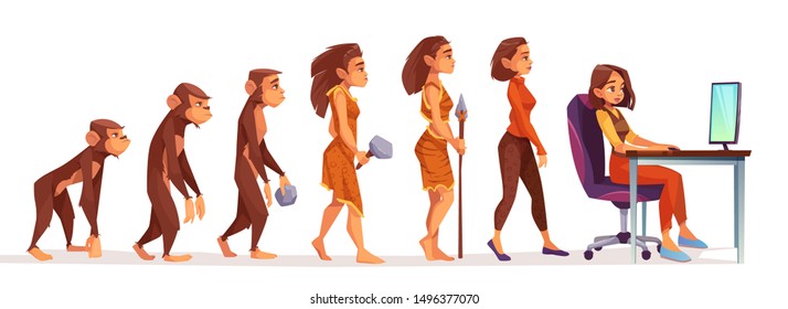 Human Evolution From Monkey To Freelancer Woman, Time Line Female Character Evolve Steps From Ape To Uprights Homo Sapiens To Girl At Computer Isolated On White Background. Cartoon Vector Illustration