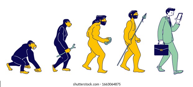 Human Evolution Of Monkey To Modern Business Man With Smartphone Isolated. Male Character Evolve Steps From Ape To Upright Homo Sapiens, Darwin Theory. Cartoon Flat Vector Illustration, Line Art