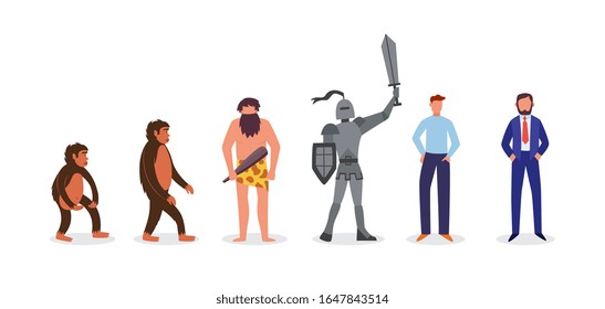 Human evolution from monkey to modern businessman, flat vector illustration isolated on white background. Social progress and development concept with people characters.