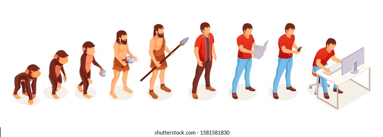 Human evolution of monkey to modern man at computer, vector icons. People evolution and life change progress from apes and caveman to intelligent mind and technology