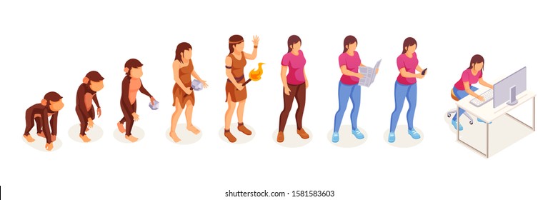 Human evolution of monkey to modern woman at computer, vector icons. Women evolution and life development progress from apes to intelligent mind and technology