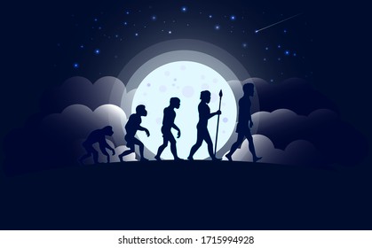 Human evolution, natural selection,  from monkeys to modern humans. Anthropology and genetic heritage, against the background of the starry sky and the full moon. Vector illustration.