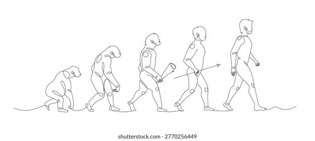 Human Evolution One Line Illustration. Continuous line drawing showing evolution from primate to modern human. Perfect for education, biology and anthropology concepts. Vector illustration