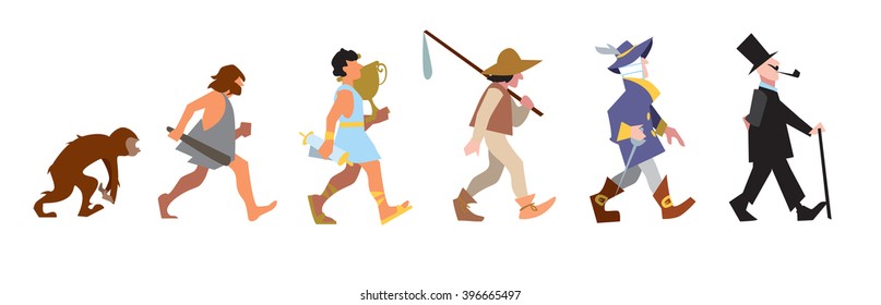 Human evolution. People evolution from monkey to gentleman. Human development illustration. Darwin theory evolve step from ape to upright homo sapiens. Vector character isolated on white background
