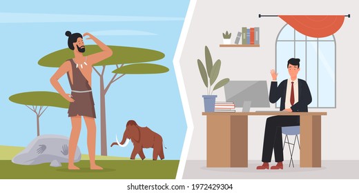 Human evolution, primitive caveman and businessman vector illustration. Cartoon office worker character in suit working and waving, prehistoric man in ancient clothes, evolutionary progress background